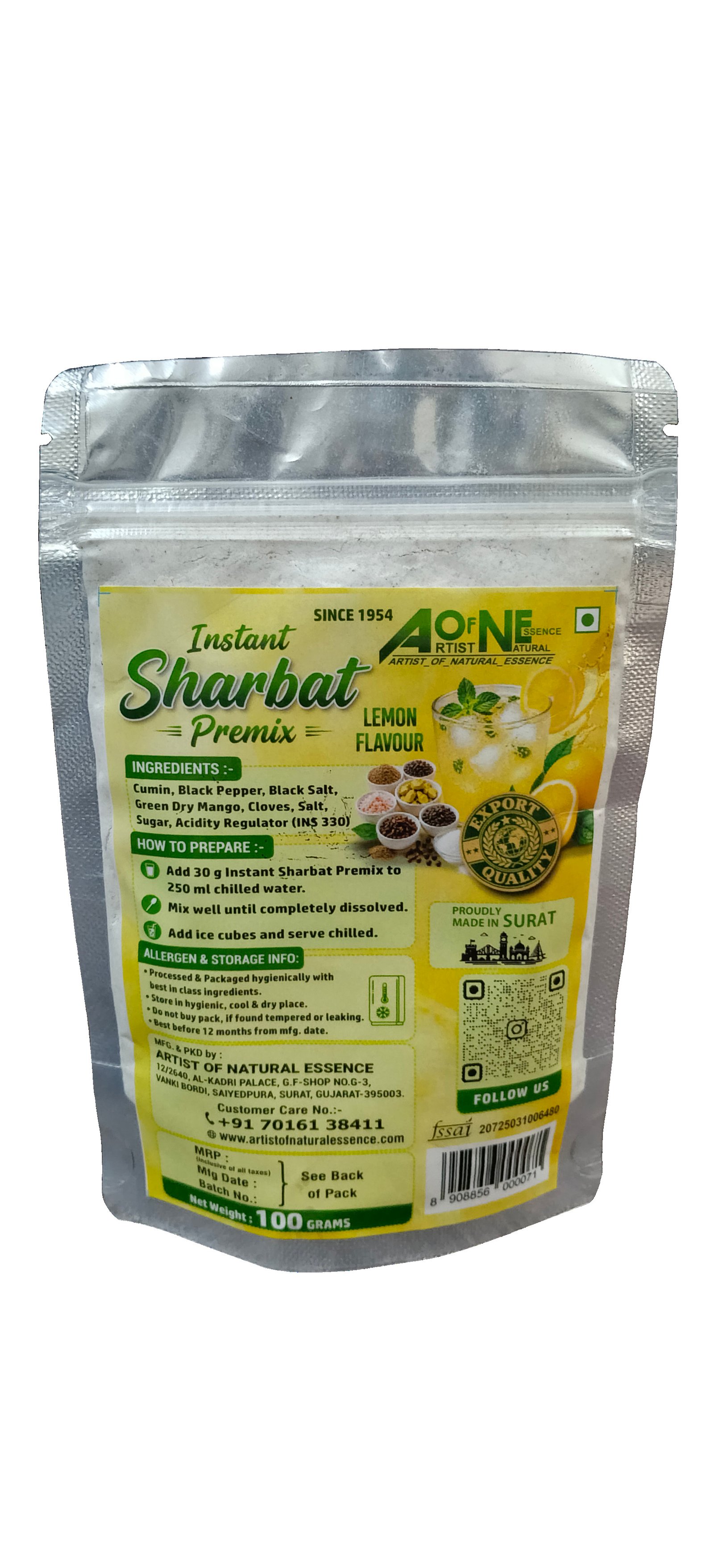 Artist of Natural Essence - Instant Sharbat Premix Lemon Flavour 100g Pack